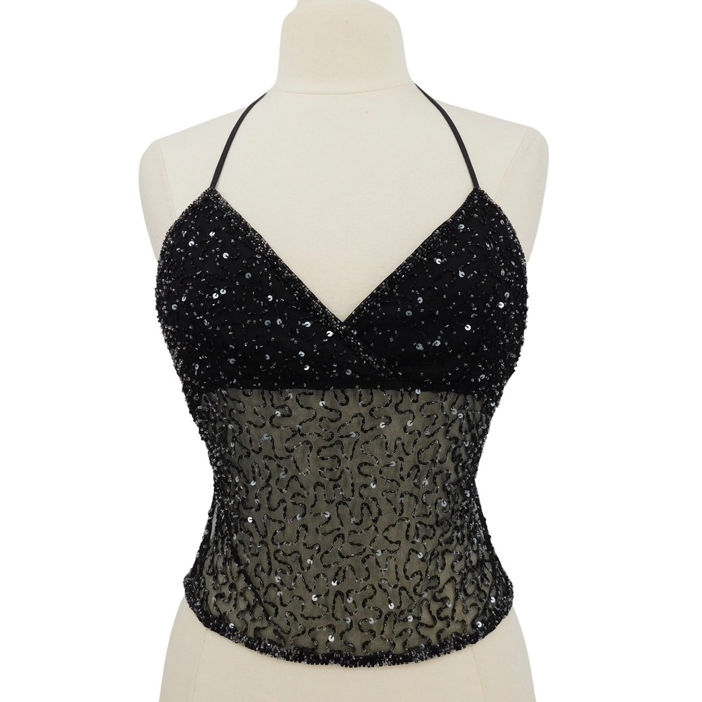 Heart Moon Star Vintage 90s Black Beaded Sequin Halter Top Mesh‎ V-Neck Medium